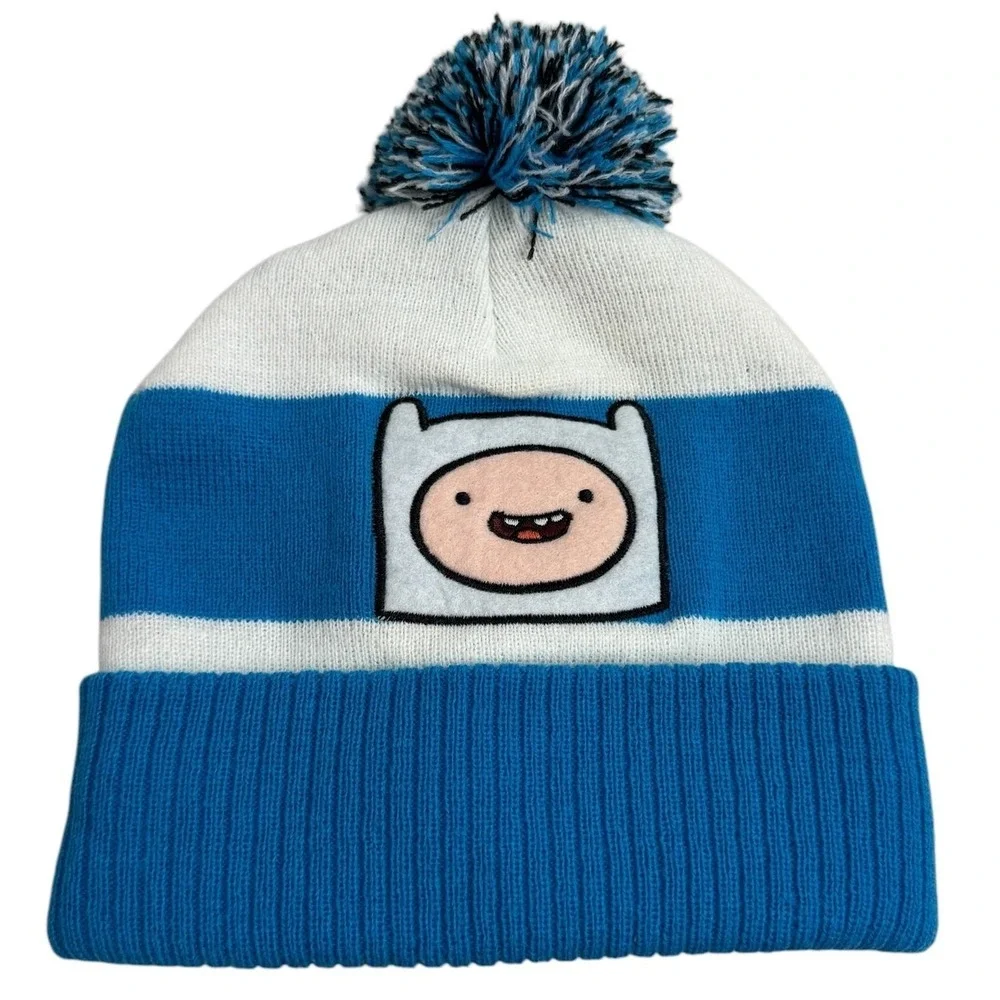 Adventure Time Finn Cartoon Network Kids Beanie Hat Blue White Pom‎ Pom